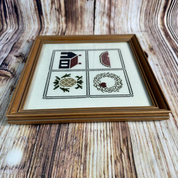 Vintage Cross Stitch Pineapple House Watermelon Heart Wreath Framed Finished 9x9 - Picture 3 of 11